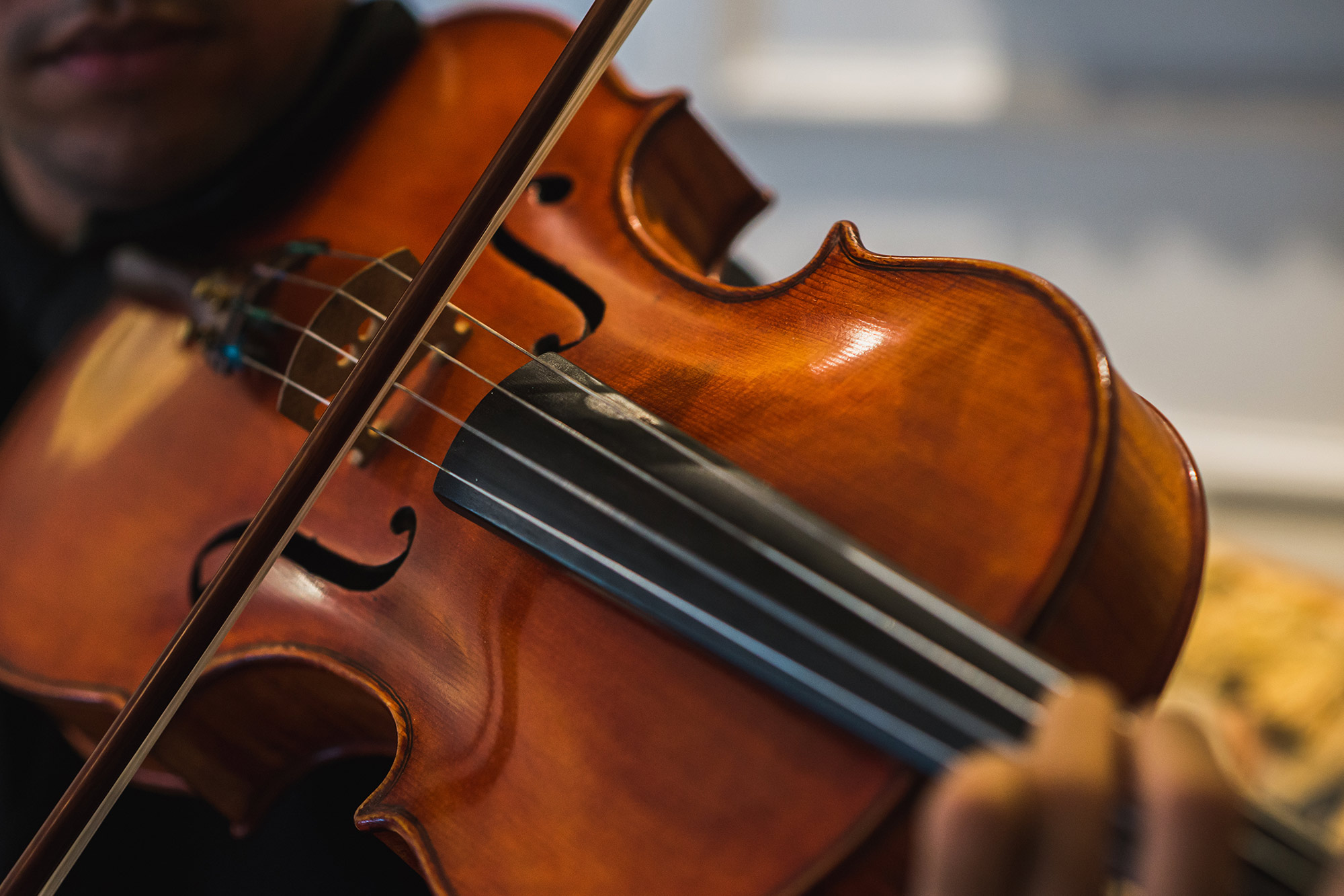 closeup photo of a musician playing a viola